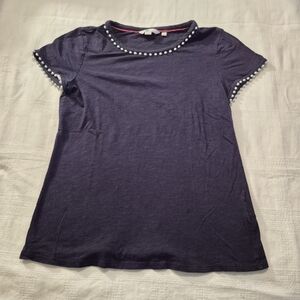 Boden women's Small blue short sleeve shirt white pom pom trim VGUC